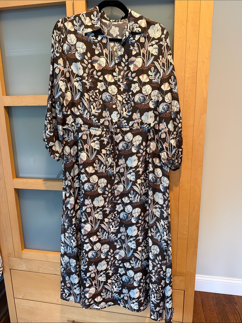 J McLaughlin Button-Front Floral Silk Midi Dress in Brown with Blue and Cream.